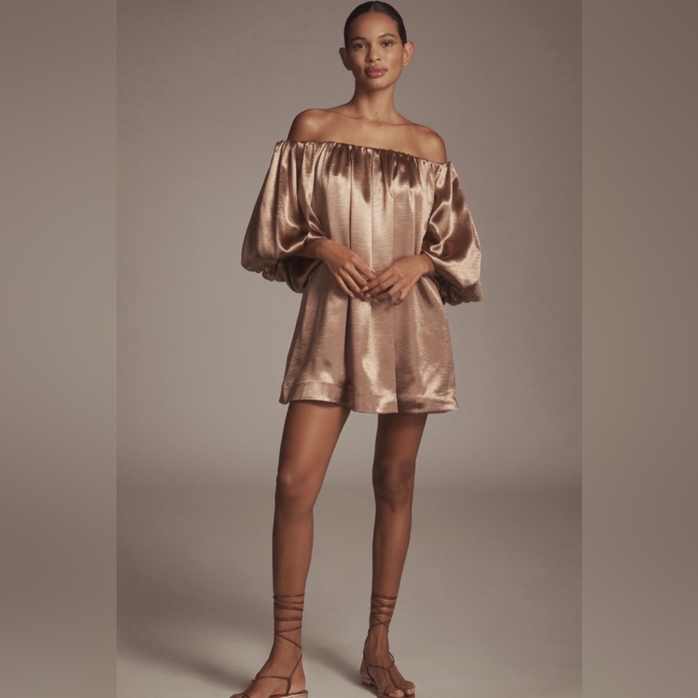NWT @heynasreen x Mare Mare Off-the-Shoulder Puff-Sleeve Shine Mini Dress